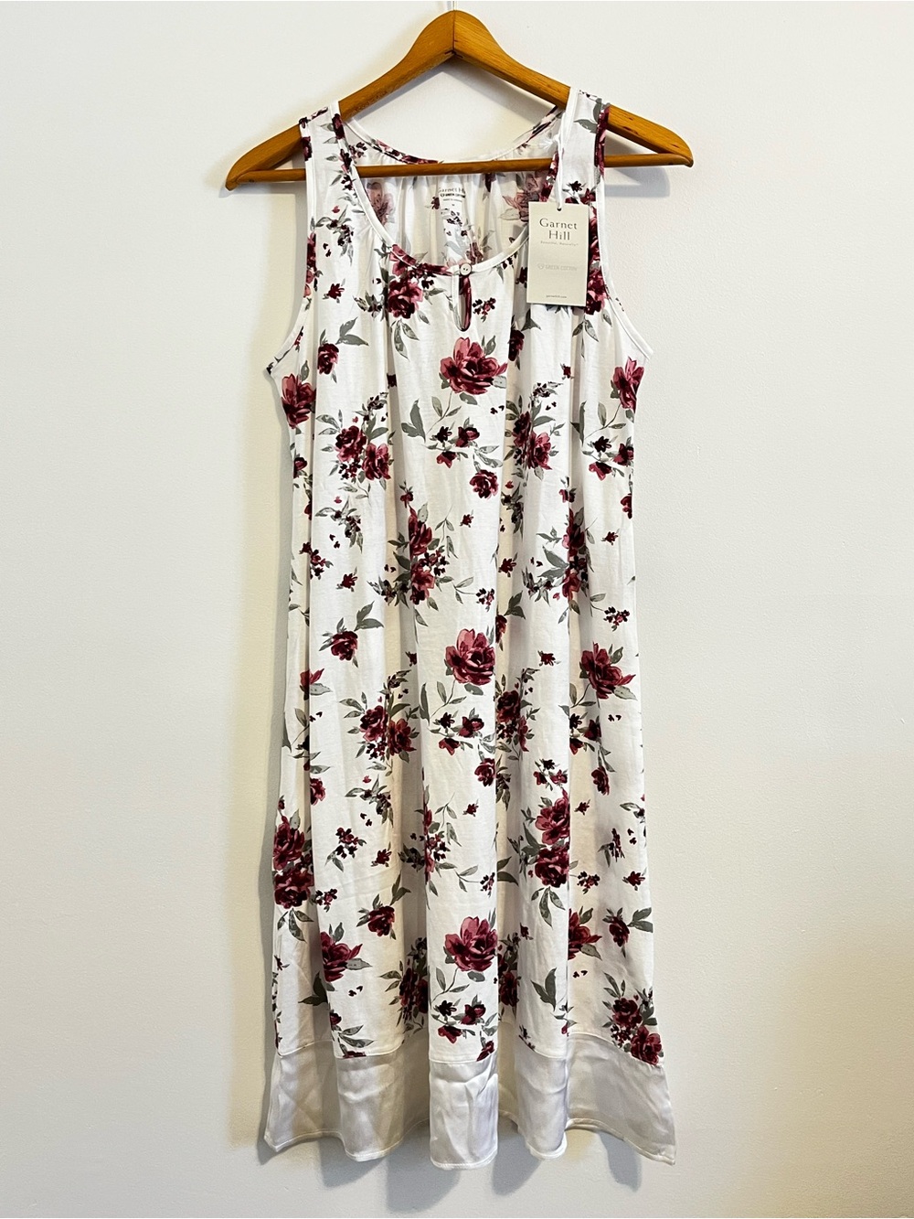 NWT Garnet Hill Silk Trim Nightgown Organic Cotton Sleeveless Rosette Floral - Picture 2 of 11